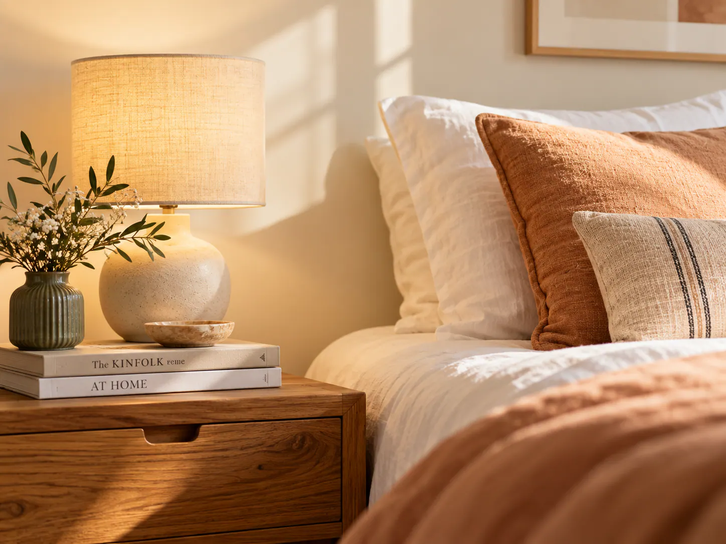 Chambre cosy avec lit, lampe de chevet et coussins en tons chauds, décoration intérieure apaisante