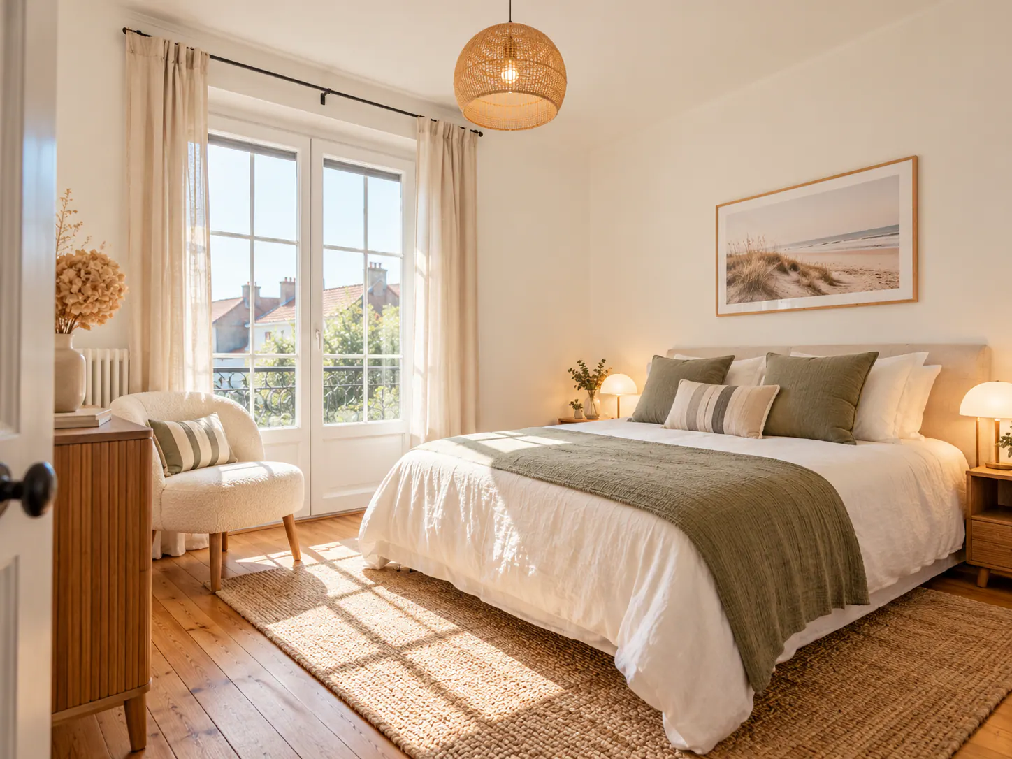 Chambre lumineuse avec lit double, chaise beige et baies vitrées donnant sur la Côte d'Opale