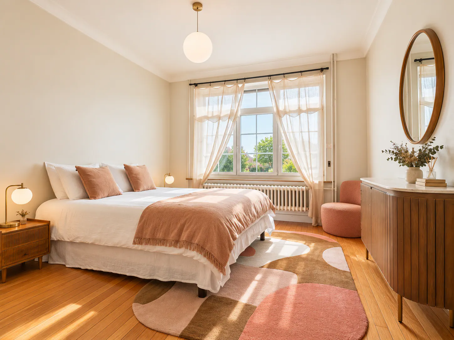 Chambre ensoleillée avec lit blanc, mobilier vintage en bois et miroir rond doré