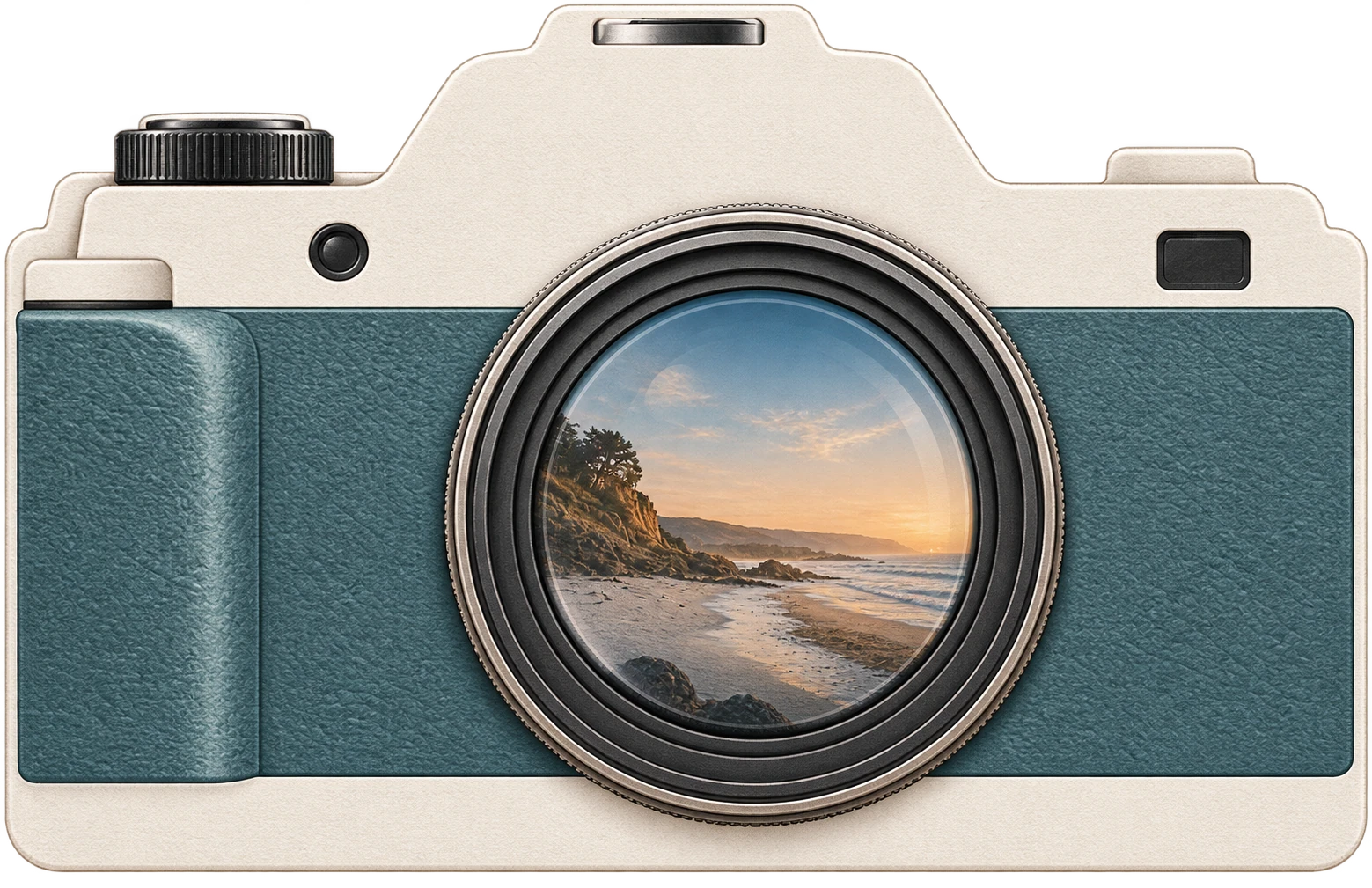 Appareil photo vintage capturant un coucher de soleil sur la plage de la Côte d'Opale