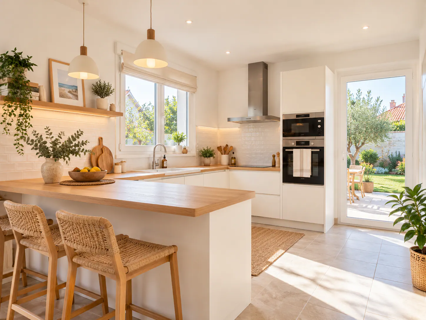 Cuisine ouverte moderne avec îlot central en bois, baies vitrées et vue sur jardin à Samer