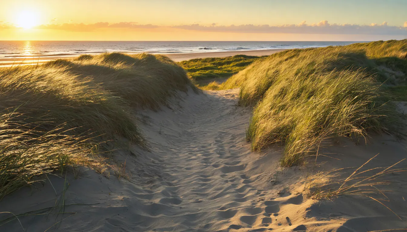 Dunes de sable et oyats baignés de lumière dorée au lever du soleil sur la Côte d'Opale