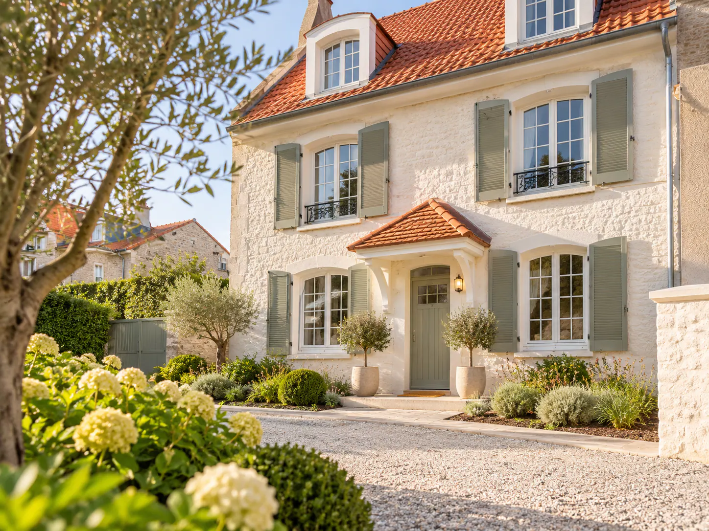Maison bourgeoise blanche avec toiture orange à Samer, façade élégante avec volets gris et jardin paysagé