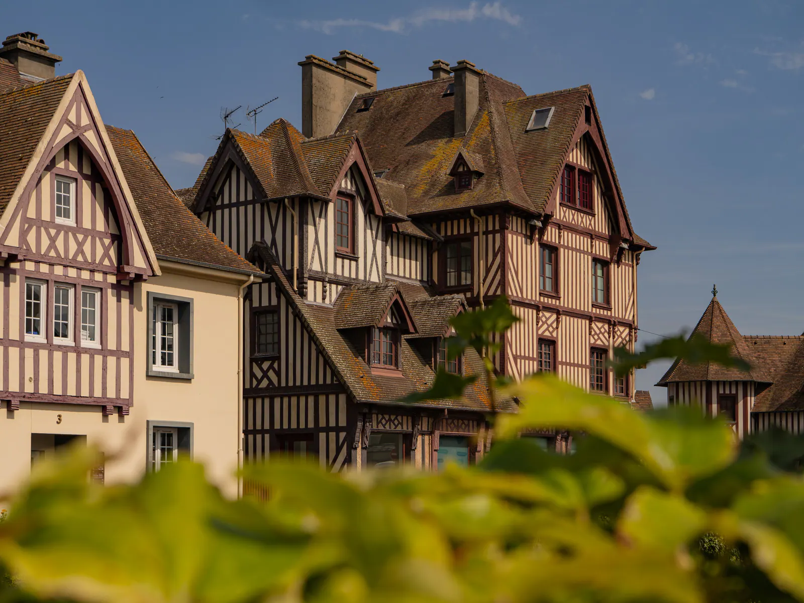 Maisons à colombages typiques de la normandie avec toits en tuiles et cheminées
