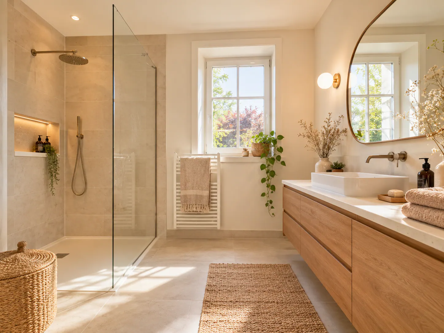 Salle de bains moderne et lumineuse avec douche italienne, vasque blanche et bois clair à Samer