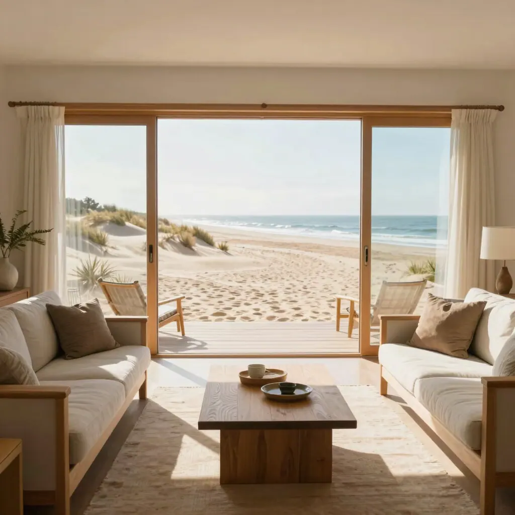 Intérieur moderne face à la plage à Wimereux, canapés beige et baies vitrées sur les dunes et la Manche