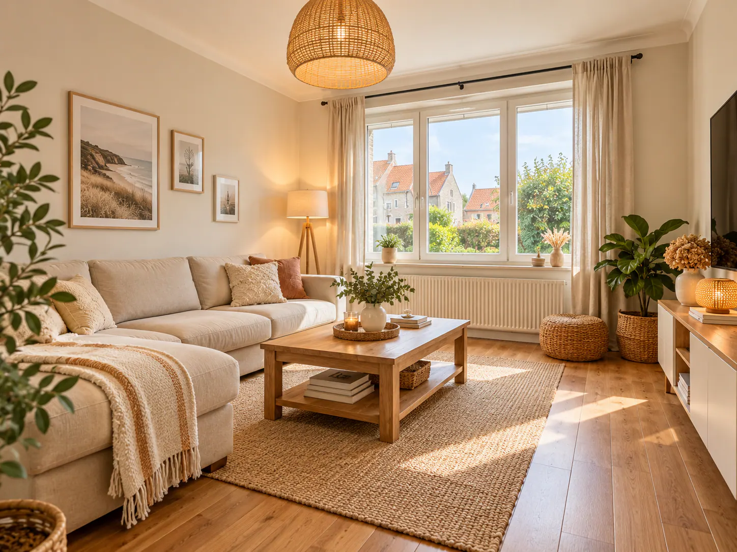 Salon lumineux d'une maison de prestige à Samer avec vue sur le village, canapé beige et décoration chaleureuse