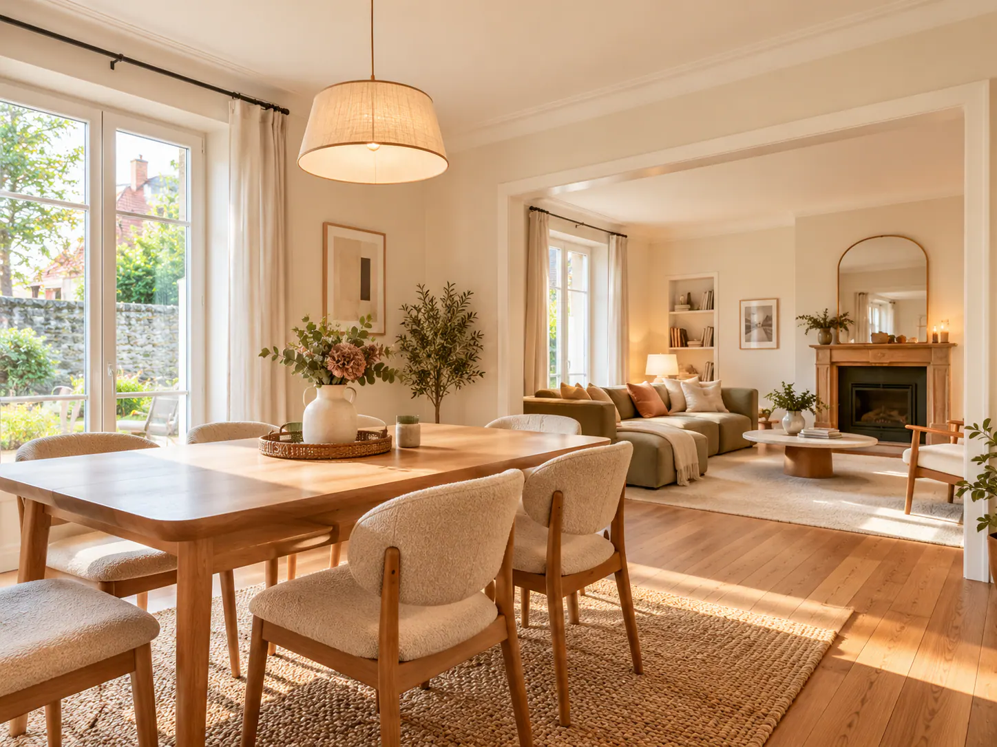 Salon-salle à manger chaleureux avec cheminée et mobilier bois, exemple de flambient lighting en photographie immobilière Côte d'Opale