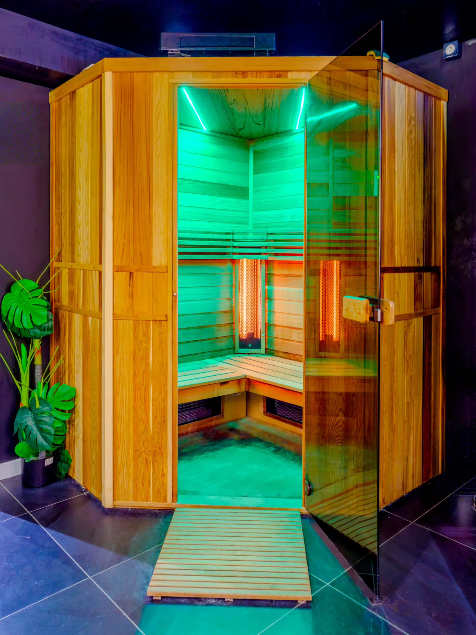 Sauna infrarouge design en bois avec néons verts et rouges, porte vitrée ouverte