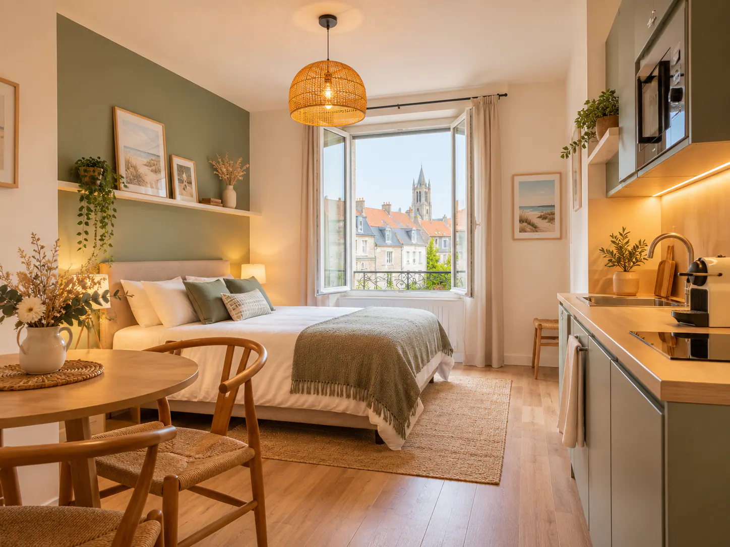 Studio lumineux avec vue sur église, lit queen-size et cuisine équipée, exemple de petite surface bien photographiée sur la Côte d'Opale