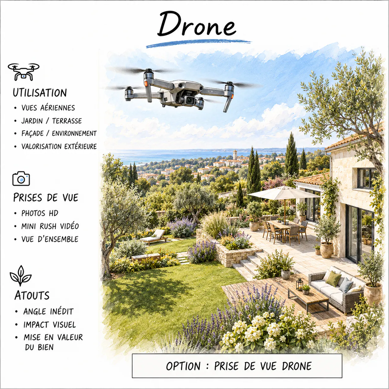 Vue aérienne drone d'une maison avec terrasse, jardin paysagé et vue sur la mer sur la Côte d'Opale